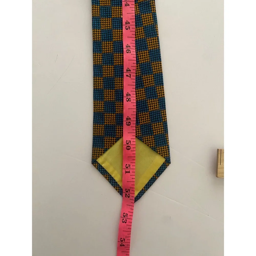 Kolmer-Marcus George Wally Vintage Silk Tie Teal Gold Checkerboard Woven Mens
